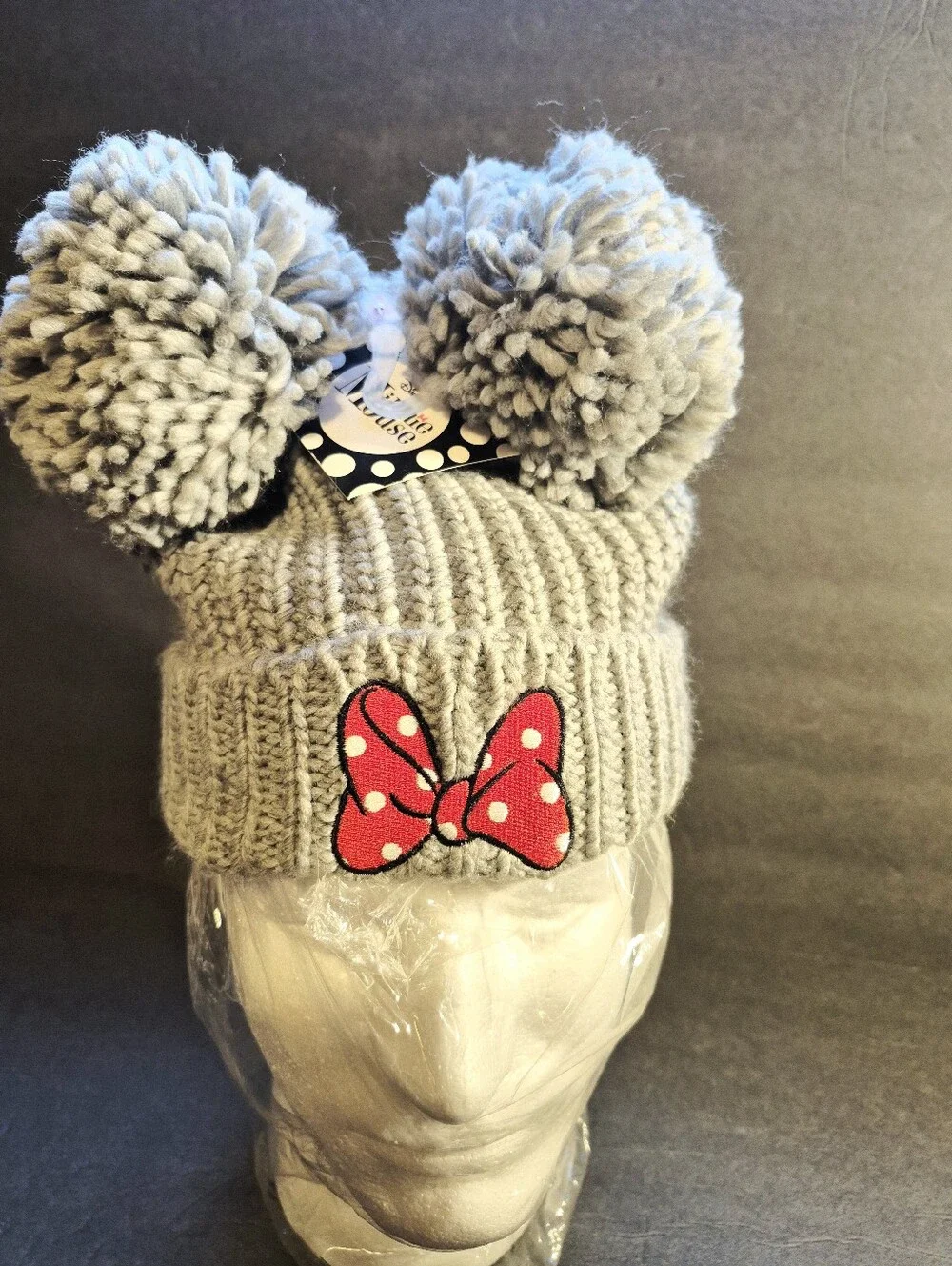 Disney Mickey Mouse Gray Beanie Pom Pom Ears Center Red And White Bow NWT